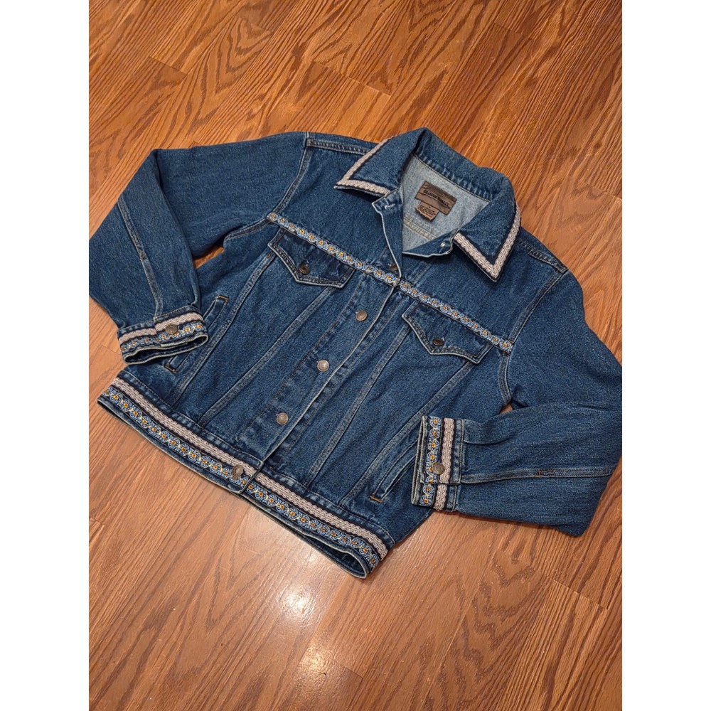 Brandon Thomas Womens Blue Denim Jacket Embroidered Trim‎ Size S